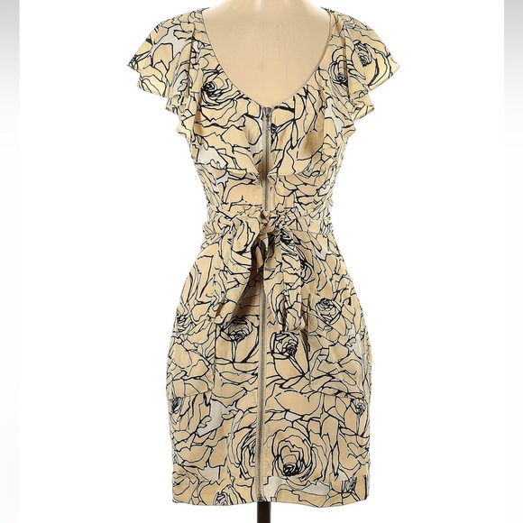 Bebe Chic Cream Roses Floral Ruffle Front Zipper Mini Dress Size XXS Y2K - Picture 3 of 8